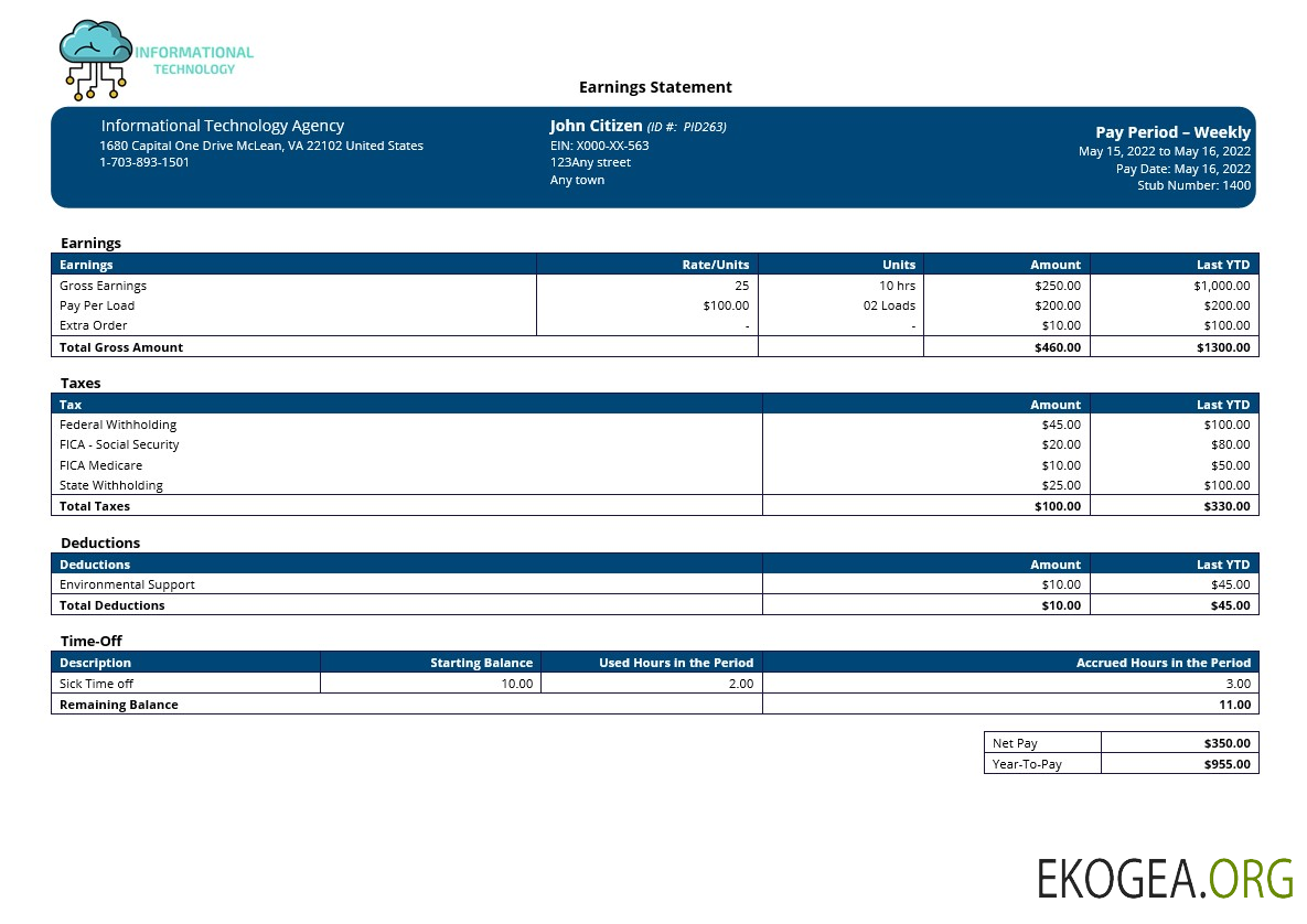 modèle de bulletin de paie d'une entreprise de technologie de l'information aux formats Word et PDF